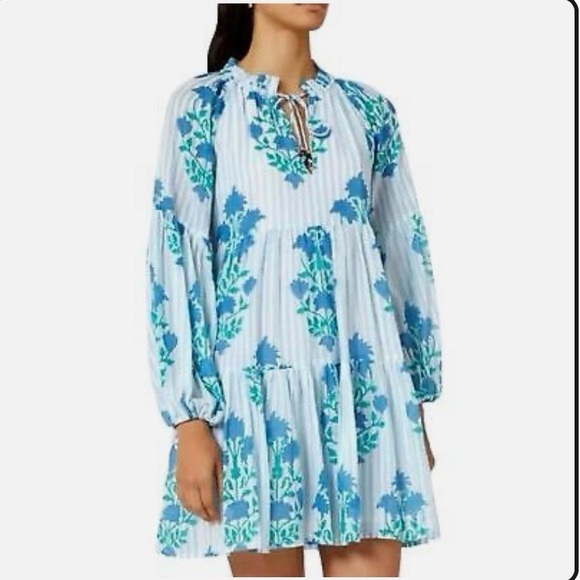 OLIPHANT Balloon Sleeve Short Jaipur Blue Stripe Dress Size M - Picture 1 of 5